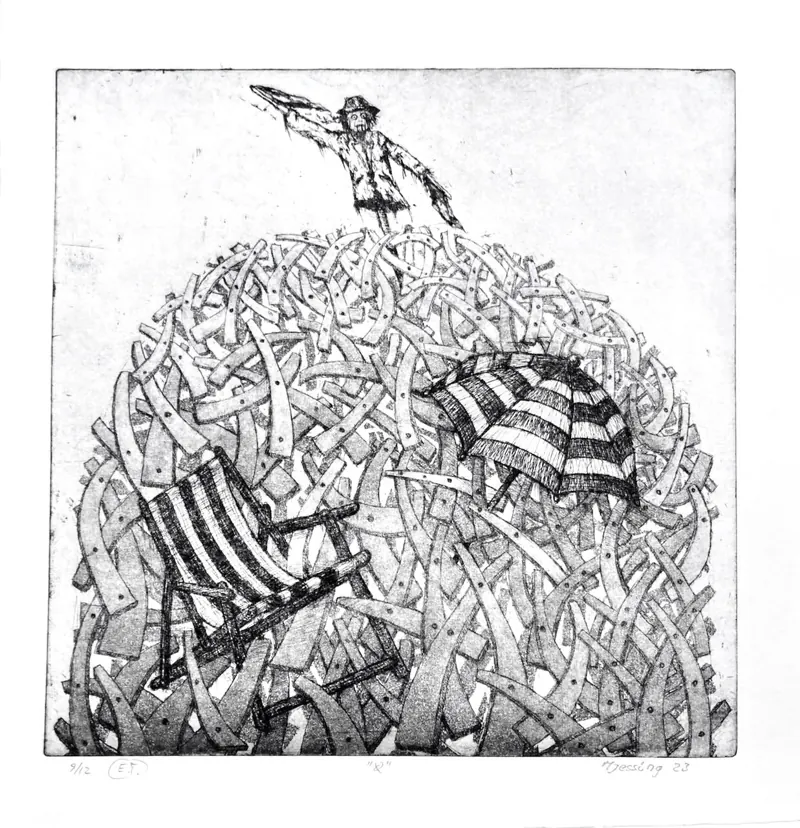Black and white etching of a figure standing on a mound of tangled forms