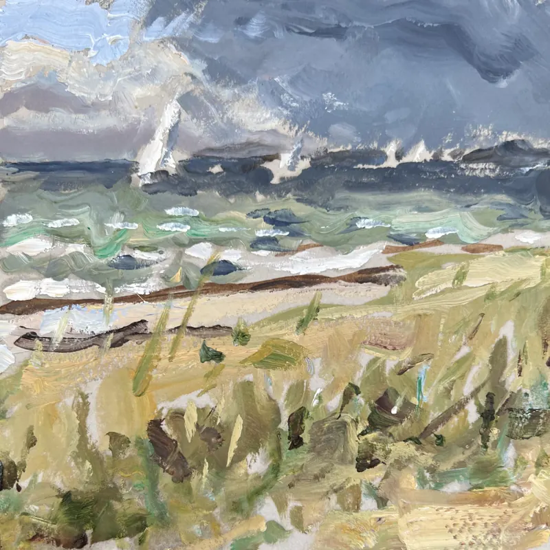 Oil painting of a grassy shoreline and choppy water