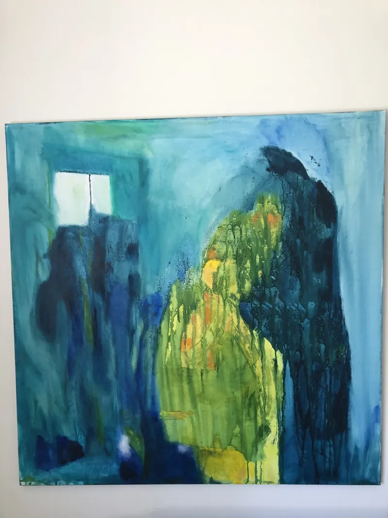 Painting in deep blues with a band of yellow green