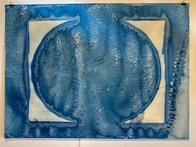 Cyanotype photogram in deep blue with a circular form