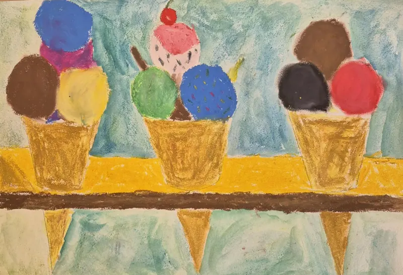 Children’s painting of four ice-cream cones