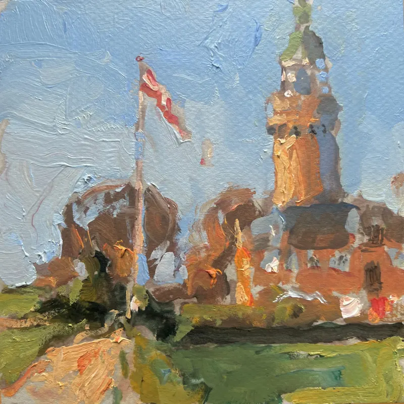 Oil painting of red-brick buildings and a tower with a Danish flag