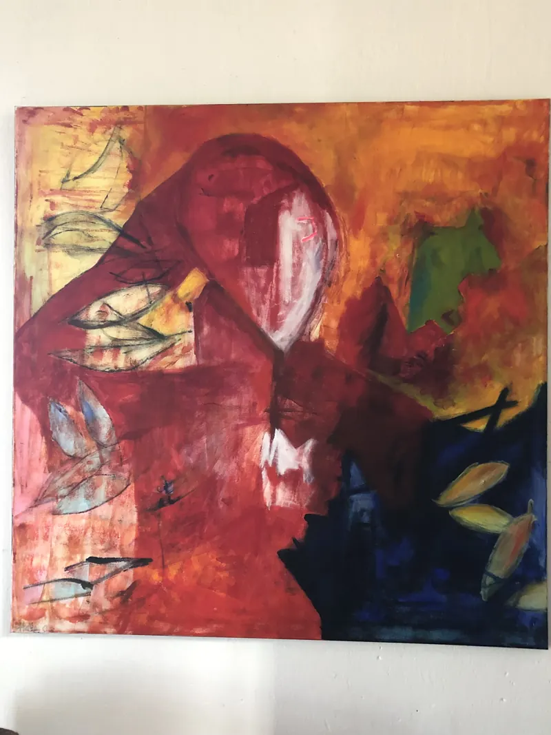 Abstract painting in reds with dark leaf shapes