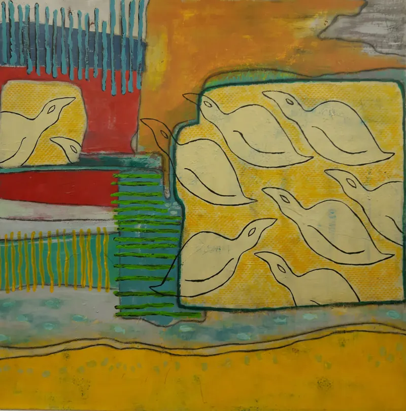 Painting of white bird shapes on a yellow and green ground