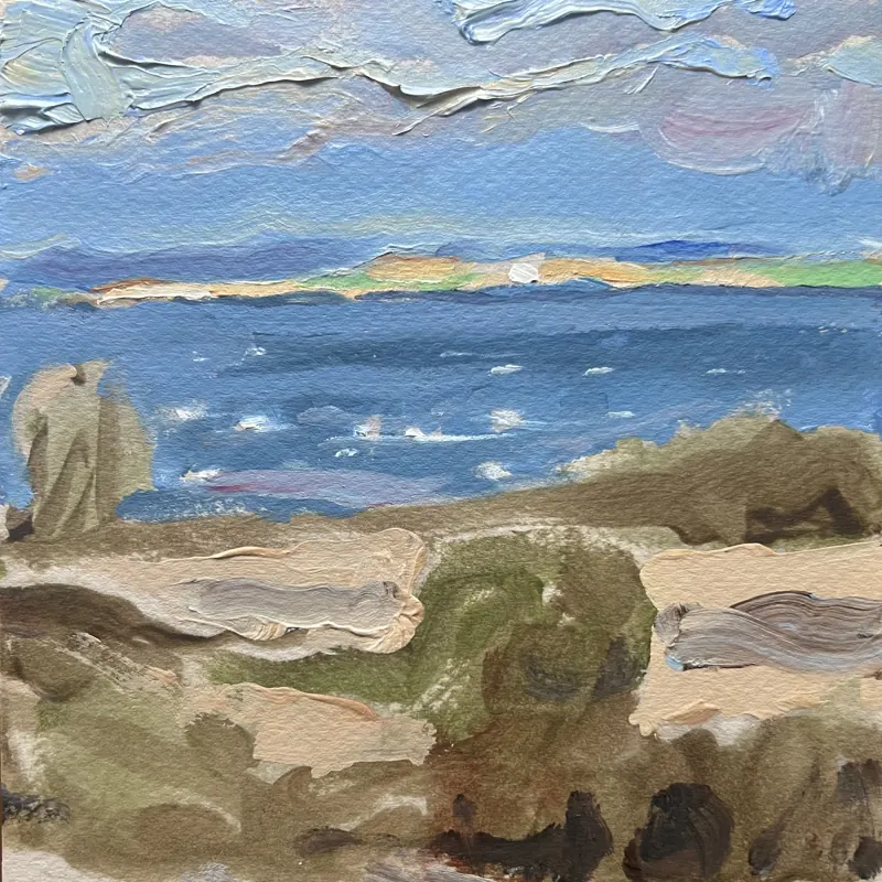 Oil painting of a blue sea seen over dunes, an island on the horizon