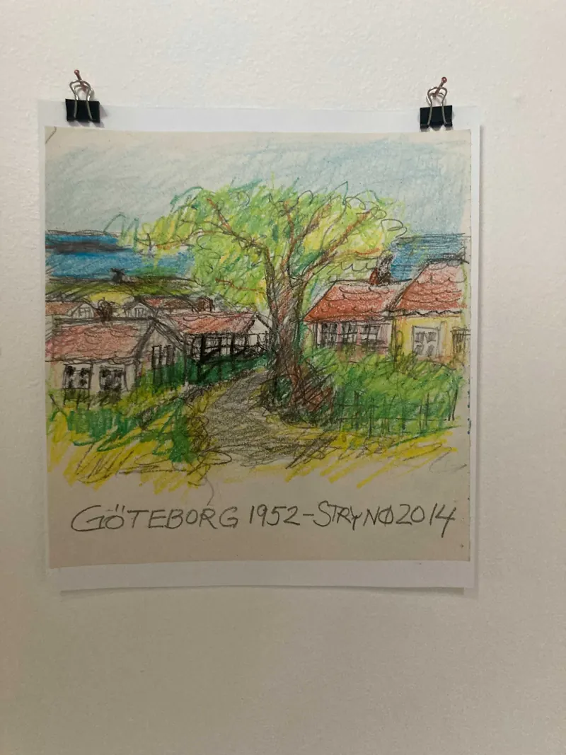 Coloured drawing of a tree and houses, inscribed Göteborg 1952 – Strynø 2014